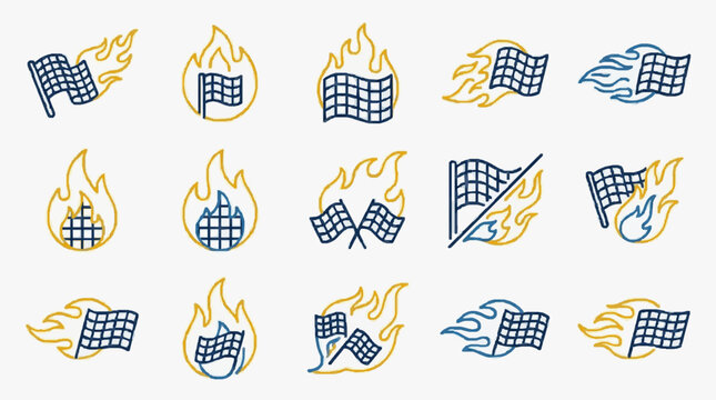 Professional Icons Set Showing Rubik s Cube Combination with Fire and Water Elements in Blue and Yellow