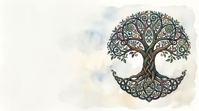 Celtic tree of life with intricate knotwork on watercolor background