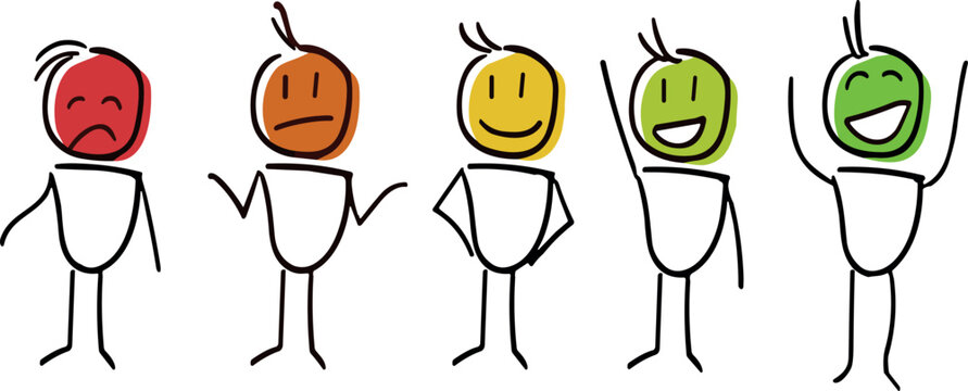 Five stick figure characters showing different emotions and poses