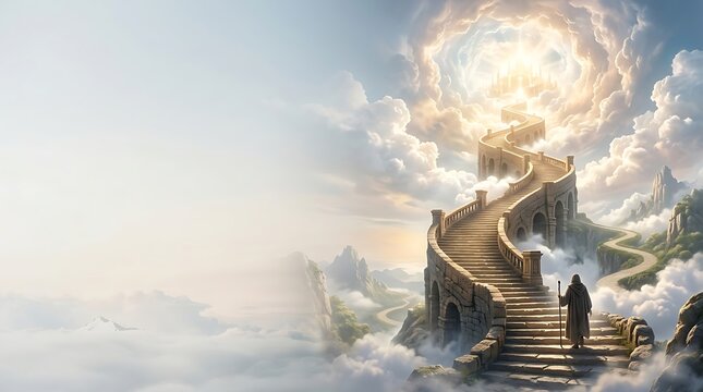 Lone traveler climbing a winding stone staircase toward divine light