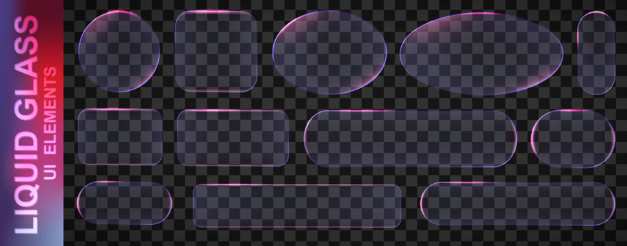 Realistic violet glassmorphism style basic IU mockup elements isolated on transparent background. Neon glass transparent frame collection. Blur grass style shapes template design. Vector illustration