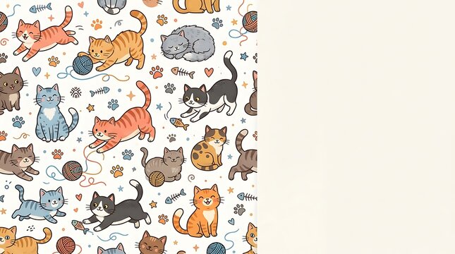Playful kittens seamless pattern background with side copy space