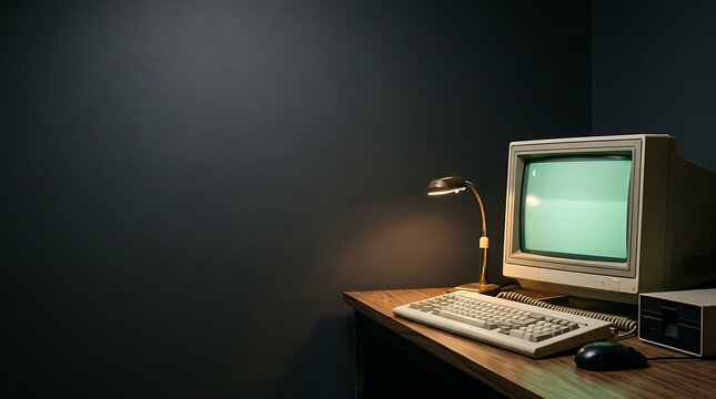 Vintage desktop computer setup with glowing green monitor
