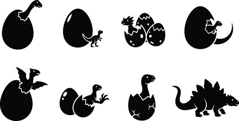 Dinosaur Egg Hatching Icon Set with Baby Dinosaurs and Prehistoric Silhouettes © Fahim's World