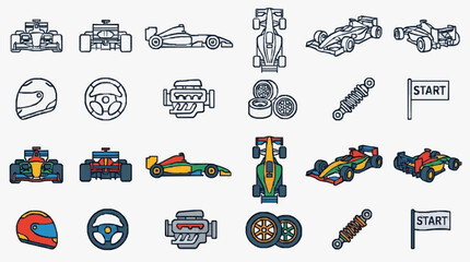 Naklejka premium Industrial Set of Racing Cars Helmets Wheels and Engine Parts in Monochrome and Color with high quality professional line art symbols for modern creative design and digital branding projects