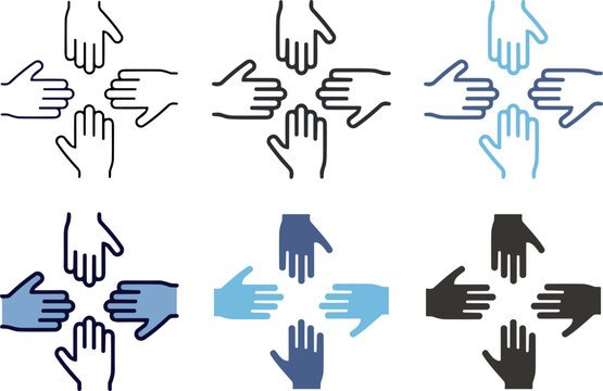 Set of diverse hands shaking and high-fiving in unity