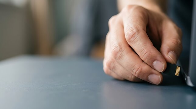 Hand inserting micro sd memory card into a laptop device