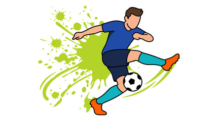 Fototapeta premium Dynamic cartoon soccer player kicking a ball with splashy green background.