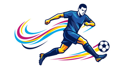 Fototapeta premium Dynamic cartoon soccer player in action with colorful trails and ball, vibrant sports illustration.