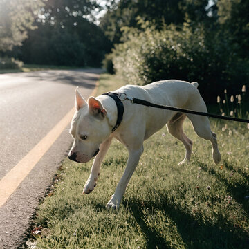 white dog breeds pit bull on a walk near the road