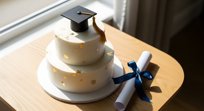 Twotier graduation cake with gold leaf and mortarboard topper next to a diploma