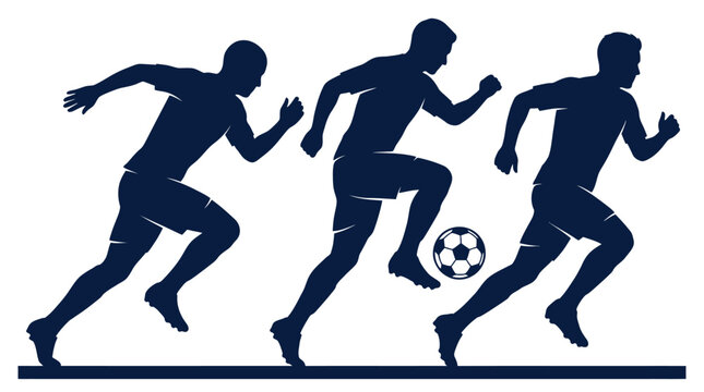 Three Silhouettes of Runners with Soccer Ball in Motion Across the Field.