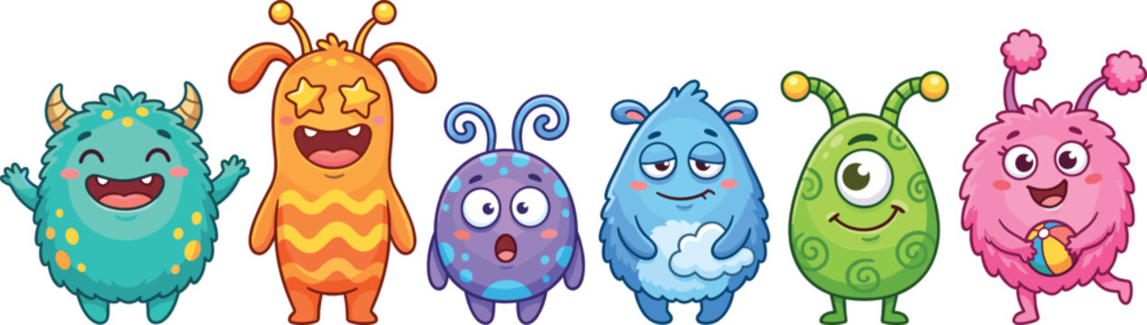Cute monster cartoon vector illustration set of isolated colorful alien characters with different facial expressions