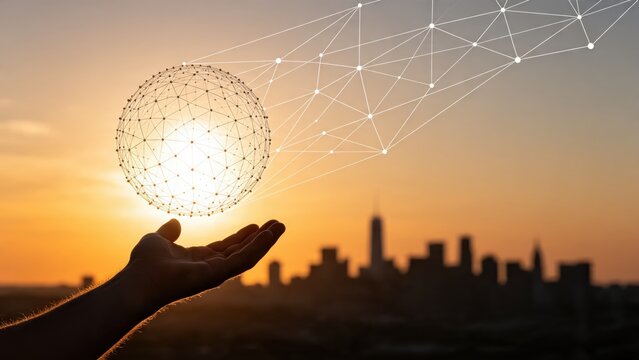 Hand holding digital network sphere over city skyline at sunset, symbolizing global connectivity, internet technology and future innovation concepts.