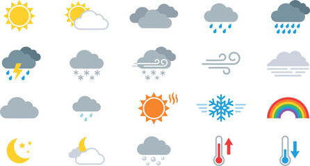 Obraz premium Weather forecast icons vector set isolated on white background, meteorological temperature sun and rain flat icon collection
