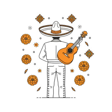 Mexican mariachi musician in traditional charro outfit with guitar and cempasuchil flowers.
