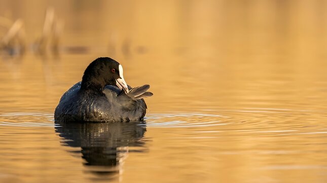 Black coot bird preening its feathers on golden water surface