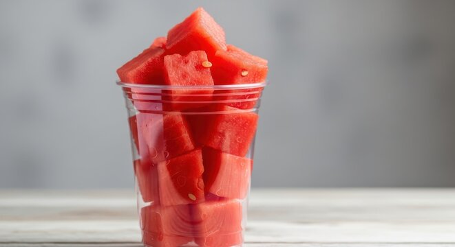 Fresh watermelon cubes in a clear plastic cup on a wooden table