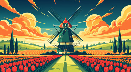 Obraz premium Traditional Dutch Windmill in a Vibrant Tulip Field Vector Illustration Representing Beautiful Rural Scenery and Nature Landscape Design