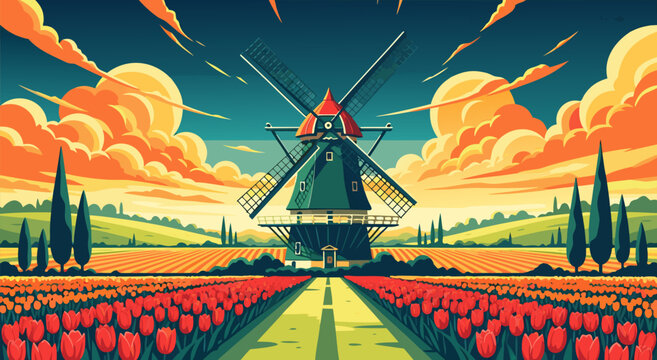 Traditional Dutch Windmill in a Vibrant Tulip Field Vector Illustration Representing Beautiful Rural Scenery and Nature Landscape Design