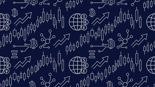 Stock market financial analytics chart and global trade outline seamless pattern for fintech dashboard.
