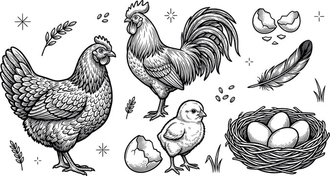 Vintage Blue Ink Chicken Farm Vector Illustration Set with Rooster, Hen, Baby Chick, Nest with Eggs, and Feathers Isolated on White Background