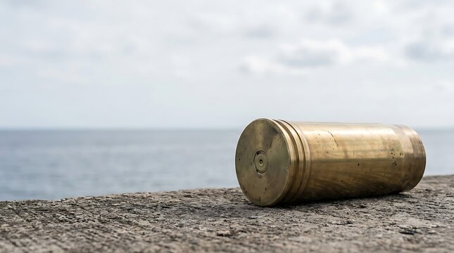 Brass artillery shell casing on a stone ledge overlooking the sea
