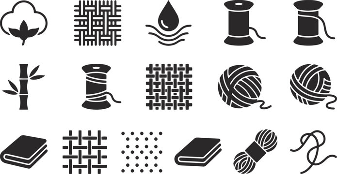 Textile, Fabric, and Yarn Icon Set: Minimalist Black Silhouette Collection for Fashion, Sewing, and Material Design