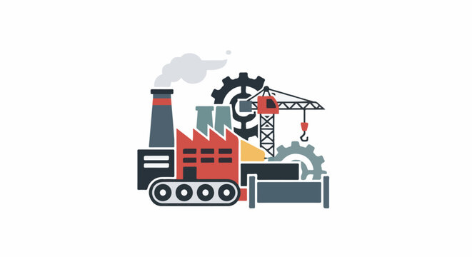 A stylized illustration of industrial scene with a factory, crane, and smokestack