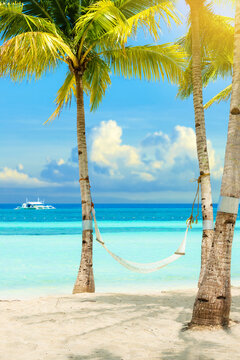 sandy beach with coconut palms and hammock for relaxation, turquoise ocean and blue sky in the background