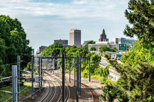 Amtrak Tracks Leading Toward Downtown Providence Skyline