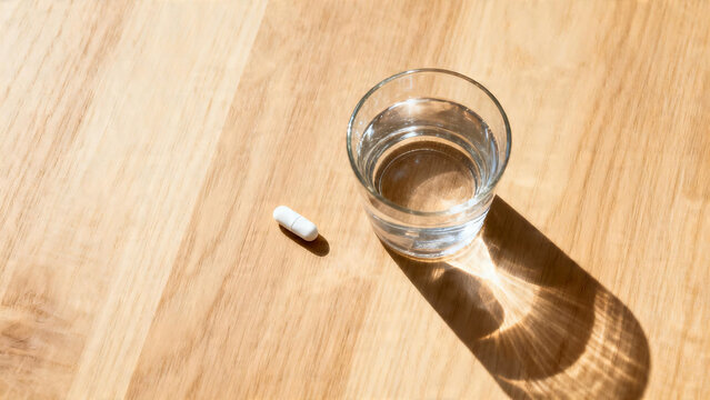 Pill next to glass of water on wooden table with shadow