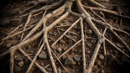 Fototapeta premium Close up view of intricate tree roots spreading across dry, rocky ground, showing resilience and connection