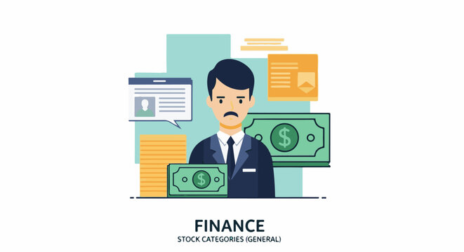 A suited man with a concerned expression surrounded by money and documents