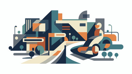 Fototapeta premium A vibrant cityscape features bold geometric shapes in shades of blue, orange, and beige