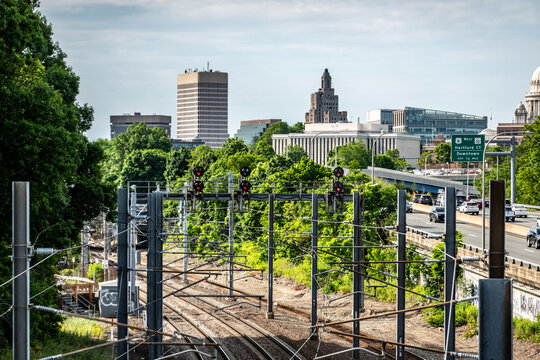 Amtrak Tracks Leading Toward Downtown Providence Skyline