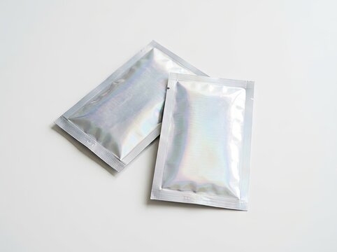 Packaging mockup, two metallic silver sachets isolated on white background, clean product presentation, blank space for branding, professional product photography