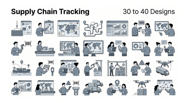 Supply chain tracking and logistics management vector graphics with logistics tracking delivery shipping transport distribution warehouse management inventory transportation business