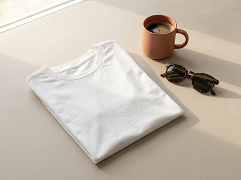 T-shirt Mockup flat lay, clean white apparel blank space for graphic design, coffee and sunglasses, light studio scene, lifestyle branding Concept.