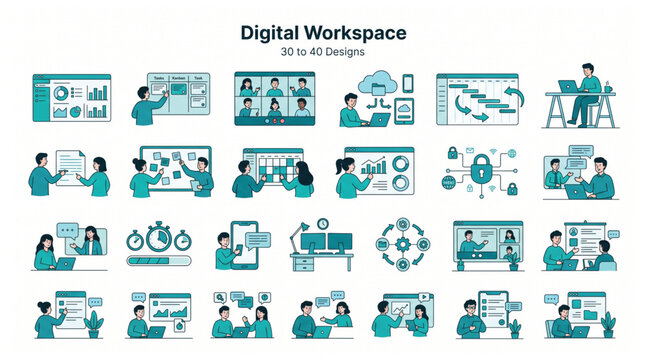 Digital workspace and remote collaboration corporate vector icons with workspace collaboration business communication technology productivity management teamwork software internet