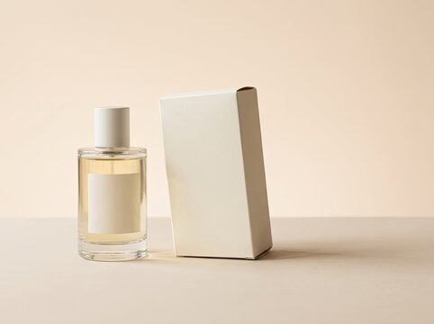 Product Packaging Mockup: Elegant Perfume Bottle and Box Display, Minimalist Studio Presentation, Branding Opportunity