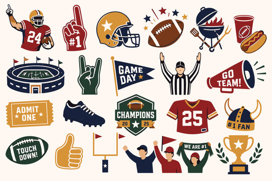 A vibrant collection of American football icons and illustrations, featuring players, gear, stadium, fans, and game day elements.