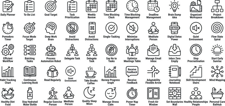 &ldquo;Black and white line vector icons of productivity time management personal development wellness habits success for business design projects&rdquo;