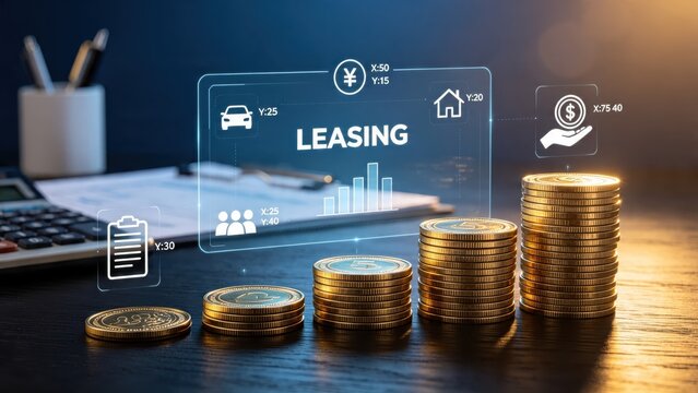 Financial leasing concept with stacks of gold coins growing on wooden desk, holographic display showing car and house rental options, investment and banking growth chart background