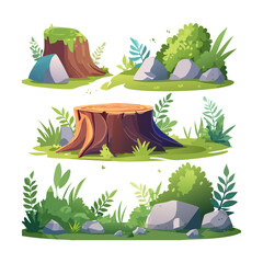 Rustic forest ground graphics displaying weathered wood stumps grey boulders and deep green grass for forestry industry logos outdoor recreation brochures and art © color