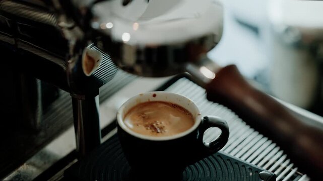 4K Pouring coffee stream from professional machine in cup. Barista man making double espresso, using filter holder. Flowing fresh ground coffee. Drinking roasted black coffee in the morning.