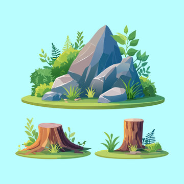 Beautifully detailed forest ground elements including green moss covered rocks ancient tree stumps and wild grass for eco friendly designs and nature scenery