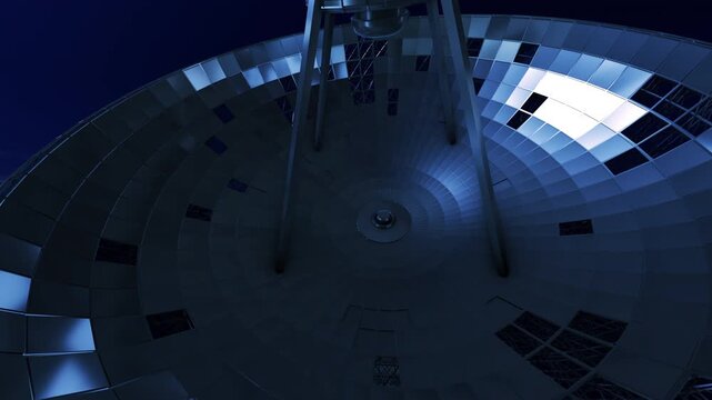 3D Render of Radio Telescope Satellite Dish Tracking Night Sky. Deep space exploration, signals from the universe, and astronomical research. 4K.