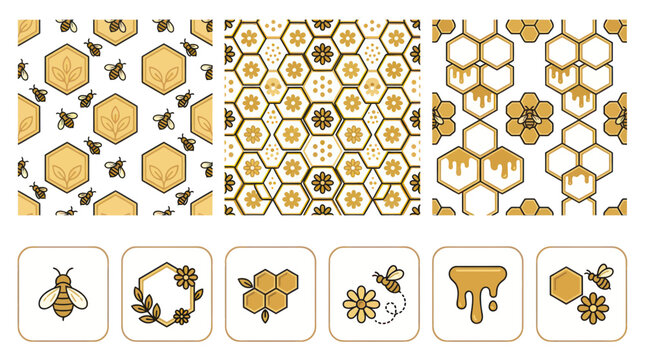 Golden honey bee and geometric honeycomb seamless patterns with icons