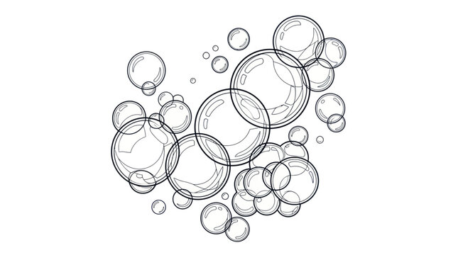 Floating soap bubbles in minimalist black and white outline style